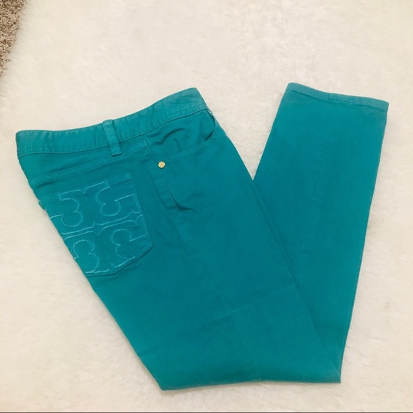 Tory Burch Women’s Cropped Slim Boot Green Denim Jeans/Pants size 26 - Picture 10 of 13
